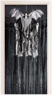 Horror decoratie pakket hangende skelet geest pop met zwart deurgordijn