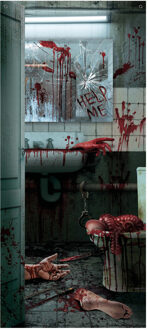 Horror deur scenesetter/deurposter - bloederige badkamer - Halloween thema versiering - 180 x 80 cm Grijs