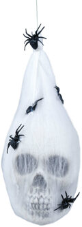 Horror/halloween decoratie doodshoofd in spinnenweb - hangend - 25 cm Wit