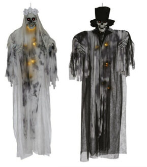 Horror/halloween decoratie spook bruid en bruidegom poppen set - met verlichting - hangend - 180 cm