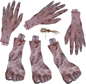 Horror/halloween thema vlaggenlijn feestslinger - 2x - bloederige ledematen - plastic - 183 x 30 cm - Vlaggenlijnen Multikleur