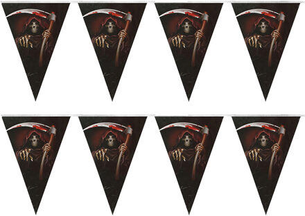 Horror/halloween thema vlaggenlijn feestslinger - 2x - magere Hein - plastic - 250 cm - Vlaggenlijnen Multikleur