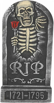 Horror kerkhof decoratie grafsteen RIP - skelet met roos - 32 x 65 cm Grijs