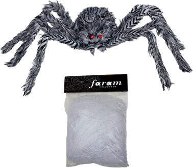 Horror spin groot 60 cm - incl. web - Halloween decoratie/versiering - grijs