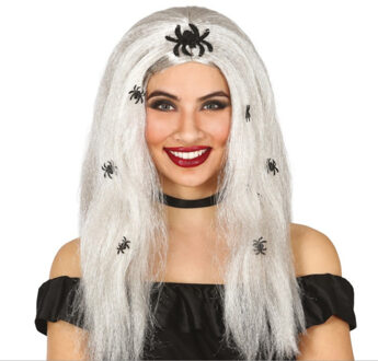Horror verkleed pruik met zwarte spinnen voor dames - Halloween heksen accessoires - Grijs