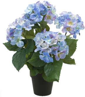 Hortensia kunstplant in kunststof pot - blauw - 40 cm - Kunstplanten