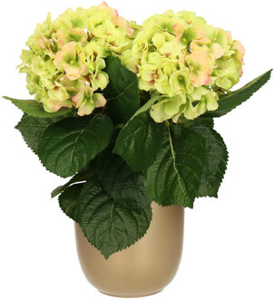 Hortensia kunstplant/kunstbloemen 36 cm - groen/roze - in pot goud glans