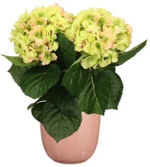 Hortensia kunstplant/kunstbloemen 36 cm - groen/roze - in pot lichtroze glans