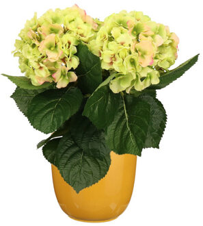 Hortensia kunstplant/kunstbloemen 36 cm - groen/roze - in pot okergeel glans
