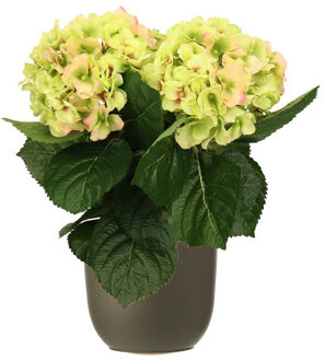 Hortensia kunstplant/kunstbloemen 36 cm - groen/roze - in pot olijfgroen - Kunstplanten