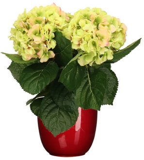 Hortensia kunstplant/kunstbloemen 36 cm - groen/roze - in pot rood glans