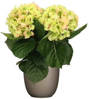 Hortensia kunstplant/kunstbloemen 36 cm - groen/roze - in pot taupe - Kunstplanten