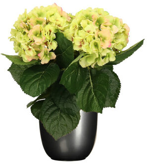 Hortensia kunstplant/kunstbloemen 36 cm - groen/roze - in pot titanium grijs glans