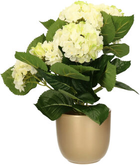 Hortensia kunstplant/kunstbloemen 36 cm - wit/groen - in pot goud glans - Kunstplanten Goudkleurig