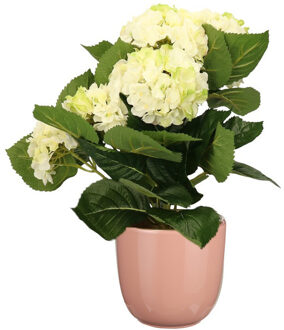 Hortensia kunstplant/kunstbloemen 36 cm - wit/groen - in pot lichtroze glans - Kunstplanten