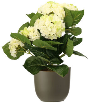 Hortensia kunstplant/kunstbloemen 36 cm - wit/groen - in pot olijfgroen mat - Kunstplanten