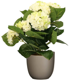 Hortensia kunstplant/kunstbloemen 36 cm - wit/groen - in pot taupe mat - Kunstplanten