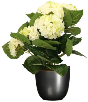 Hortensia kunstplant/kunstbloemen 36 cm - wit/groen - in pot titanium grijs glans - Kunstplanten