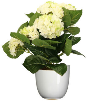 Hortensia kunstplant/kunstbloemen 36 cm - wit/groen - in pot wit glans - Kunstplanten