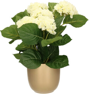Hortensia kunstplant/kunstbloemen 36 cm - wit - in pot goud glans