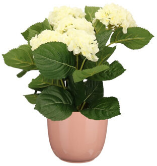Hortensia kunstplant/kunstbloemen 36 cm - wit - in pot lichtroze glans