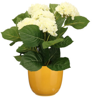 Hortensia kunstplant/kunstbloemen 36 cm - wit - in pot okergeel glans