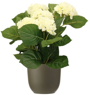 Hortensia kunstplant/kunstbloemen 36 cm - wit - in pot olijfgroen mat
