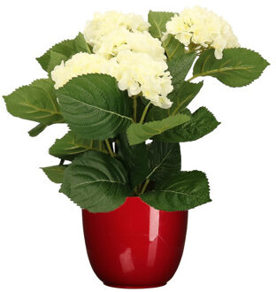 Hortensia kunstplant/kunstbloemen 36 cm - wit - in pot rood glans - Kunstplanten