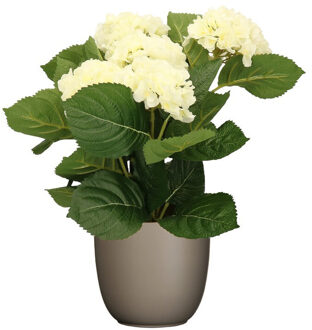 Hortensia kunstplant/kunstbloemen 36 cm - wit - in pot taupe mat - Kunstplanten