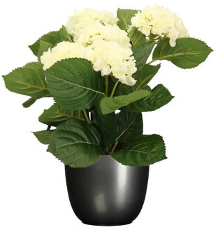 Hortensia kunstplant/kunstbloemen 36 cm - wit - in pot titanium grijs glans
