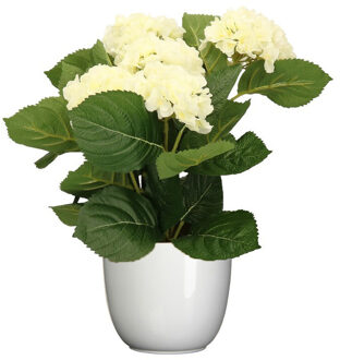 Hortensia kunstplant/kunstbloemen 36 cm - wit - in pot wit glans