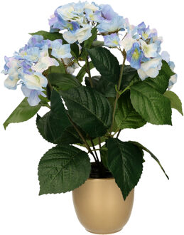 Hortensia kunstplant/kunstbloemen 40 cm - blauw - in pot mat goud - Kunstplanten Goudkleurig