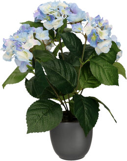 Hortensia kunstplant/kunstbloemen 40 cm - blauw - in pot mat zwart - Kunstplanten