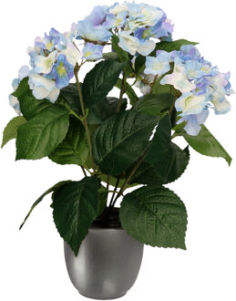 Hortensia kunstplant/kunstbloemen 40 cm - blauw - in pot metallic grijs - Kunstplanten