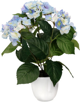 Hortensia kunstplant/kunstbloemen 40 cm - blauw - in pot wit glans - Kunstplanten