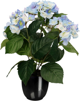 Hortensia kunstplant/kunstbloemen 40 cm - blauw - in pot zwart glans - Kunstplanten