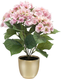 Hortensia kunstplant/kunstbloemen 40 cm - roze - in pot goud mat - Kunstplanten Goudkleurig