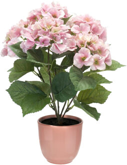 Hortensia kunstplant/kunstbloemen 40 cm - roze - in pot lichtroze glans - Kunstplanten