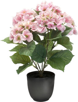 Hortensia kunstplant/kunstbloemen 40 cm - roze - in pot mat zwart - Kunstplanten