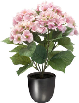 Hortensia kunstplant/kunstbloemen 40 cm - roze - in pot metallic grijs - Kunstplanten