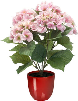 Hortensia kunstplant/kunstbloemen 40 cm - roze - in pot rood glans - Kunstplanten