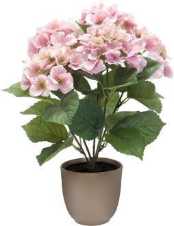 Hortensia kunstplant/kunstbloemen 40 cm - roze - in pot taupe mat