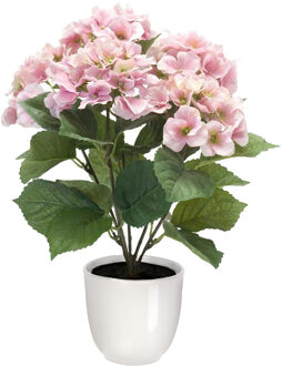 Hortensia kunstplant/kunstbloemen 40 cm - roze - in pot wit glans - Kunstplanten