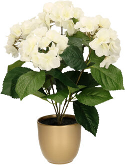 Hortensia kunstplant/kunstbloemen 40 cm - wit - in pot goud mat - Kunstplanten