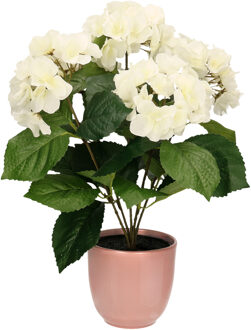 Hortensia kunstplant/kunstbloemen 40 cm - wit - in pot lichtroze glans