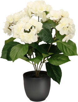 Hortensia kunstplant/kunstbloemen 40 cm - wit - in pot mat zwart