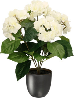 Hortensia kunstplant/kunstbloemen 40 cm - wit - in pot metallic grijs