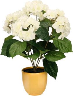 Hortensia kunstplant/kunstbloemen 40 cm - wit - in pot okergeel glans