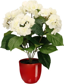 Hortensia kunstplant/kunstbloemen 40 cm - wit - in pot rood glans - Kunstplanten