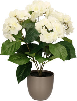 Hortensia kunstplant/kunstbloemen 40 cm - wit - in pot taupe mat